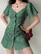 Allover Floral Print Button Front Short Sleeve Dress - Green