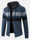 Mens Patchwork Zip Front Plush Lined Knit Cotton Long Sleeve Hooded Cardigans - Blue