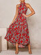 Floral Print Halter Sleeveless Belt Women Maxi Dress - Red