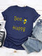 Cartoon Bee Happy Letter Printed Short Sleeve O-Neck T-shirt - Navy