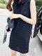 Solid Sleeveless Button Front Lapel Dress For Women - Navy