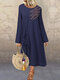 Solid Color Split Crewneck Pocket Plus Size Casual Dress - Blue