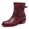 SOCOFY Super Comfy Buckle Strap Splicing Stitching Slip On Genuine Leather Coolgirl Boots - Wine Red