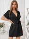 V-Neck Wrap Design Lace-Up Mini Dress - Black