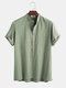 Men 100% Cotton Plain Striped Stand Collar Casual Short Sleeve Henley Shirts - Green
