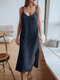Women Solid Texture Side Split Casual Spaghetti Strap Dress - Dark Blue