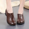 Women Folkways Round Toe Leather Zipper Warm Lining Chunky Heel Low Top Boots - Brown