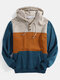 Mens Colorblock Patchwork Casual Pouch Pocket Drawstring Hoodies With Snap-Button - Blue