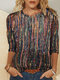 Multi-color Striped Glitter Printed Long Sleeve Plus Size Blouse - Blue