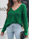 Pointelle Knit Leaves Solid V-neck Long Sleeve Loose Sweater - Green