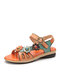 Socofy Genuine Leather Comfy Summer Vacation Bohemian Ethnic Floral Decor Hook & Loop Slide Sandals - Orange