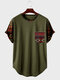 Mens Ethnic Geometric Print Patchwork Chest Pocket Curved Hem T-Shirts - Army Green