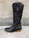 Women Pointed Toe Rivet Pattern Retro Slip On Chunky Heel Cowboy Boots - Black