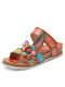 Socofy Genuine Leather Comfy Beach Vacation Bohemian Ethnic Flower & Leaf Outdoor Wedges Slippers - Camel