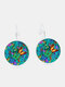 Vintage Geometric Round Alloy Glass Colorful Butterfly Pattern Print Earrings - Silver