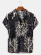 Mens Cotton Abstract Tree Print Loose Light Chest Pocket Short Sleeve Shirts - Black