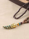 Vintage Ox Horn-shaped Pendant Geometric Beaded Hand-woven Wooden Necklace - #04