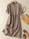 Solid Button Front Lapel Short Sleeve Women Dress - Khaki