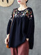 Vintage Flowers Embroidery Long Sleeve Plus Size Blouse - Navy