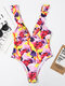Women Floral Print Swimwear Flounce Trim Criss-Cross Backless Slimming One Piece - Red