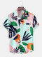 Mens Tropical Leaf Color Block Print Vacation Short Sleeve Shirts - Blue