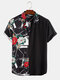 Mens Floral Print Patchwork Camp Collar Holiday Short Sleeve Shirts - Black
