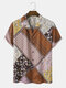Mens Floral Geometric Color Block Print Revere Collar Short Sleeve Shirts - Brown