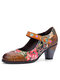 Socofy Leather Ethnic Printing Patchwork Non-Slip Mary Jane Pumps - Camel