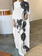 Women Floral Print Crew Neck Loose 3/4 Sleeve Maxi Dress - Black