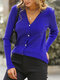 Solid Color Button V-neck Casual Cardigan For Women - Blue