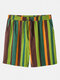 Mens Thin & Breathable Cotton Colorful Stripe Holiday Knee Length Casual Shorts - Army Green