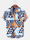 Mens Triangle All Over Print Lapel Street Short Sleeve Shirts - Blue