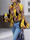 Leopard Contrast Color Button Lantern Sleeve High Neck Blouse - Yellow