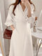 Solid Pocket Lapel Long Sleeve Casual Button Down Shirt Dress - White