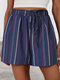 Color Contrast Stripe Drawstring Waist Cotton & Linen Shorts - Navy