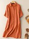 Solid Button Front Short Sleeve Lapel Shirt Dress - Orange
