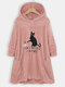 Casual Pockets Embroidered Cat Fleece Hoodies - Pink