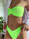 Women Solid Color Pleats Bowknot Ribbed Sexy Breathable Soft Bikinis Swimsuits - Green