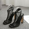 Women Peep Toe Hollowed  High Heel Sandals - Black