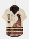 Mens Ethnic Cartoon Figure Patchwork Button Revere Collar Shirts - Apricot