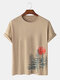 Mens Forest & Sun Landscape Print 100% Cotton Short Sleeve T-Shirts - Khaki