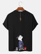 Mens Japanese Cat & Fish Print Crew Neck Short Sleeve T-Shirts Winter - Black