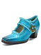 Socofy Genuine Leather Retro Comfy Square Toe Hook & Loop Mary Jane Heels - Blue