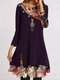 Button Floral Print Patchwork Long Sleeve Casual Dress For Women - Purple