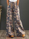 महिला विंटेज फ्लोरल प्रिंट ड्रॉस्ट्रिंग कमर सीधी पैंट - नीला