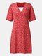 Women Floral Print V-neck Knotted Backless Short Sleeve Sexy Dress - Red