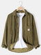 Mens Corduroy Solid Lapel Button Drop Shoulders Cotton Long Sleeve Shirts - Army Green