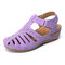 LOSTISY Hollow Out Lightweight Pure Color Breathable Hook Loop Wedges Sandals - Purple