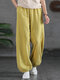 Solid Color Elastic Waist Pocket Casual Cotton Pants - Yellow