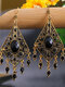 Vintage Bohemian Hollow Carved Rhombus Inlaid Rhinestone Alloy Earrings - Black